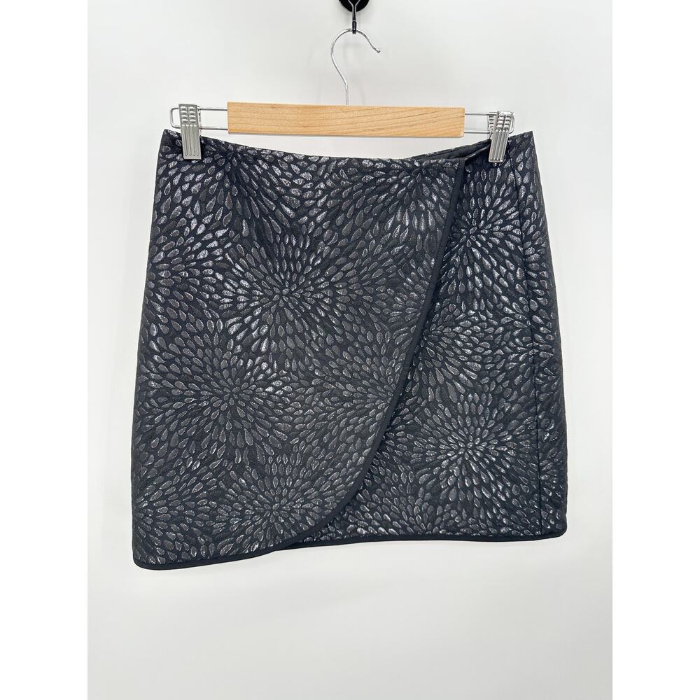 LOFT Black Silver Metallic Printed Lined Skirt Women's Size 6 Petite 6P NWT